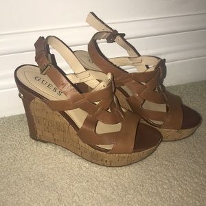 GUESS Brown and Tan Wedge Sandals